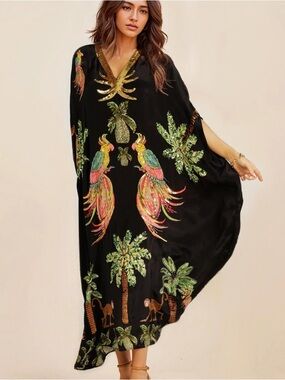 Black Tropical Parrot Kaftan Swim Coverup with Gold V-Neck